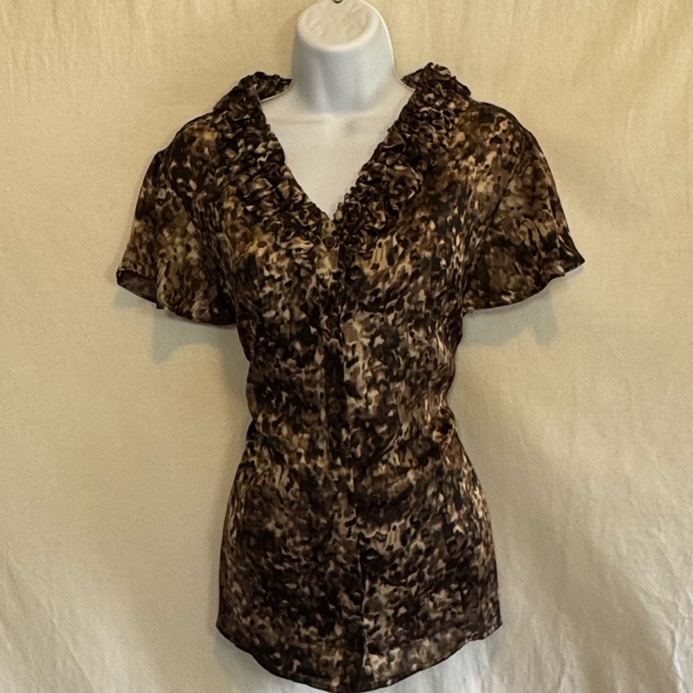 D-67 Cato PLUS SIZE 18/20 Black Brown Cream Ruffled Short Sleeve Blouse